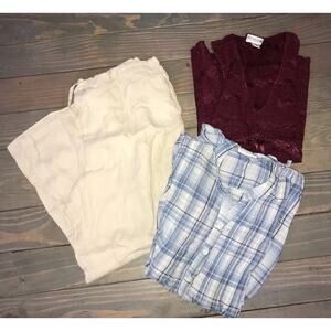 3 piece Motherhood Maternity lace tank top, cotton blouse, linen pants sz small